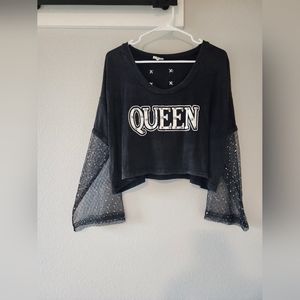 POL Queen Sequin Mesh Sleeve Crop Top - Size Medium